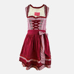 Red Krüger dirndl with checkered bodice and gingham apron for Oktoberfest rental