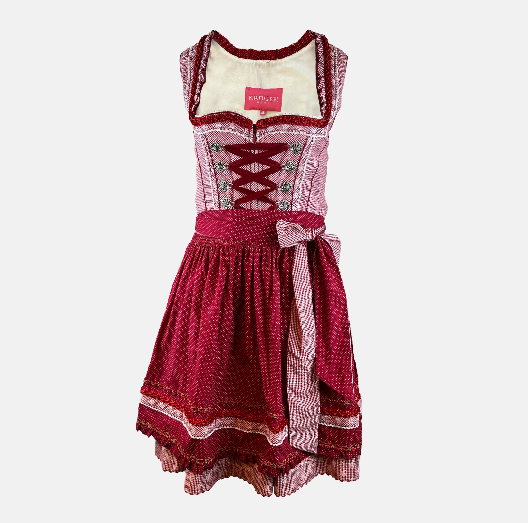 Red Krüger dirndl with checkered bodice and gingham apron for Oktoberfest rental