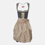 Krüger Dirndl Justine blue 50 cm mini dirndl with heart neckline. Ready to rent on Versatile OTM.