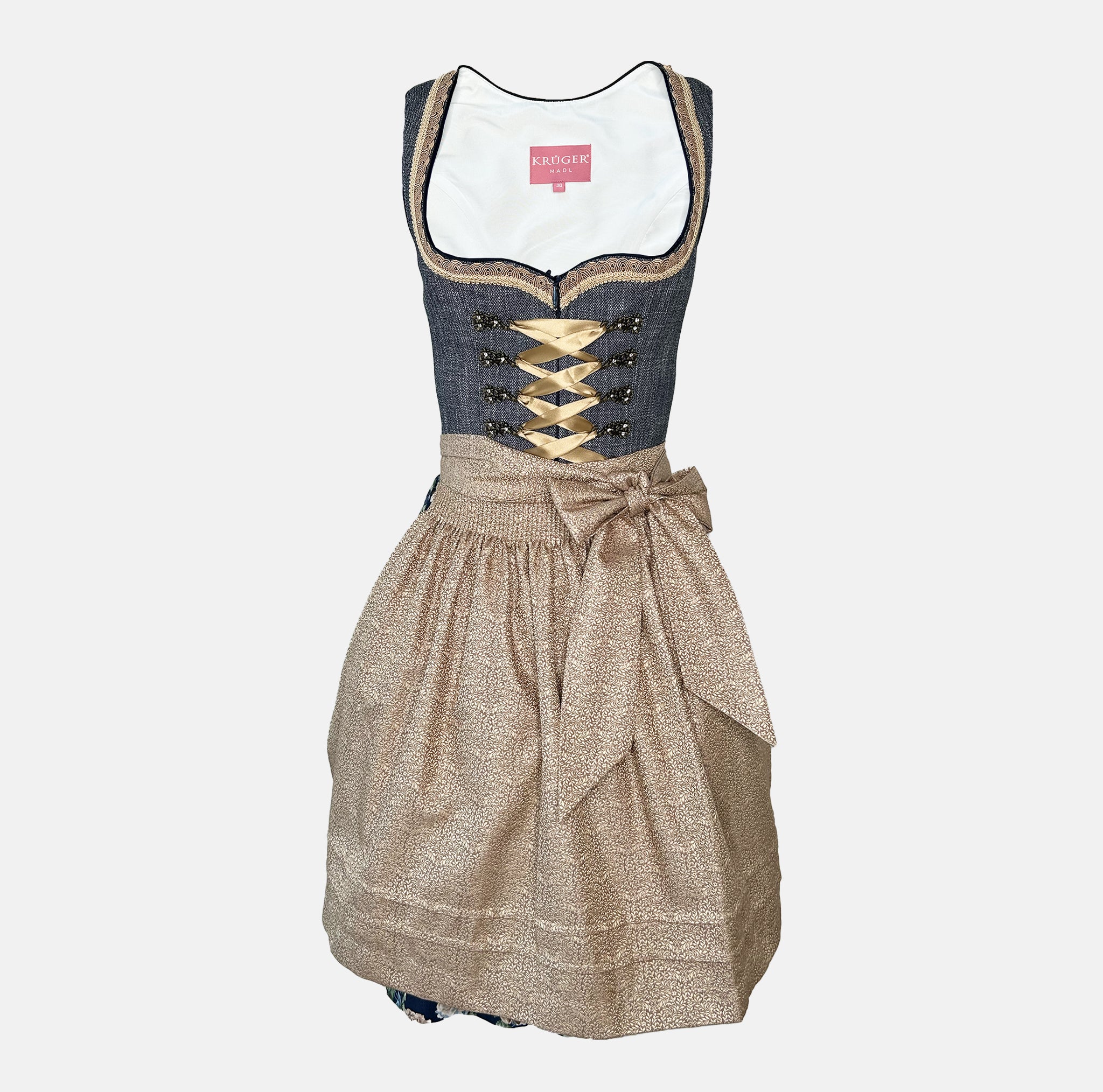 Krüger Dirndl Justine blue 50 cm mini dirndl with heart neckline. Ready to rent on Versatile OTM.