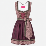 Krüger Dirndl in deep berry and burgundy tones with satin apron and intricate detailing, available for rent on Versatile OTM.
