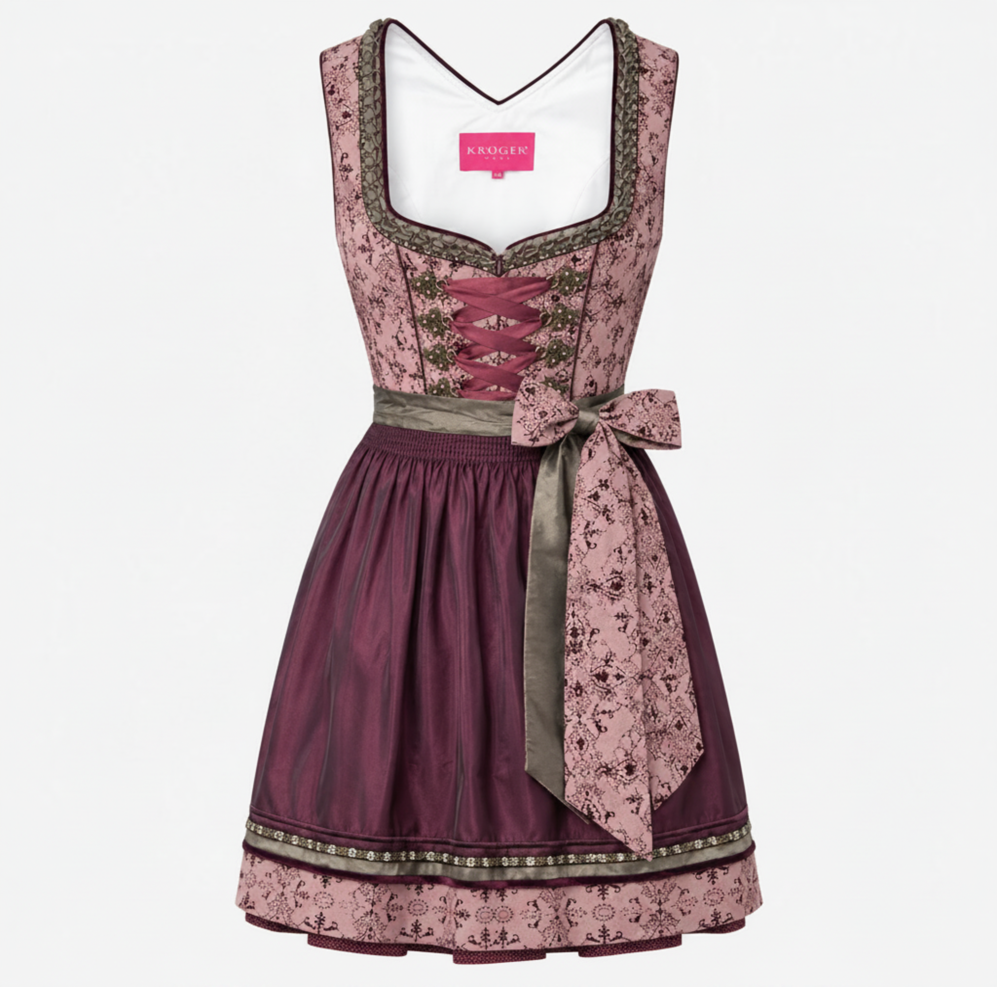 Krüger Dirndl in deep berry and burgundy tones with satin apron and intricate detailing, available for rent on Versatile OTM.