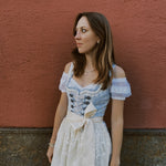 Krüger Maylin dirndl rental in Munich – soft blue heart-neck bodice with lace-up front, 70 cm midi skirt and delicate lace apron—perfect for Oktoberfest.