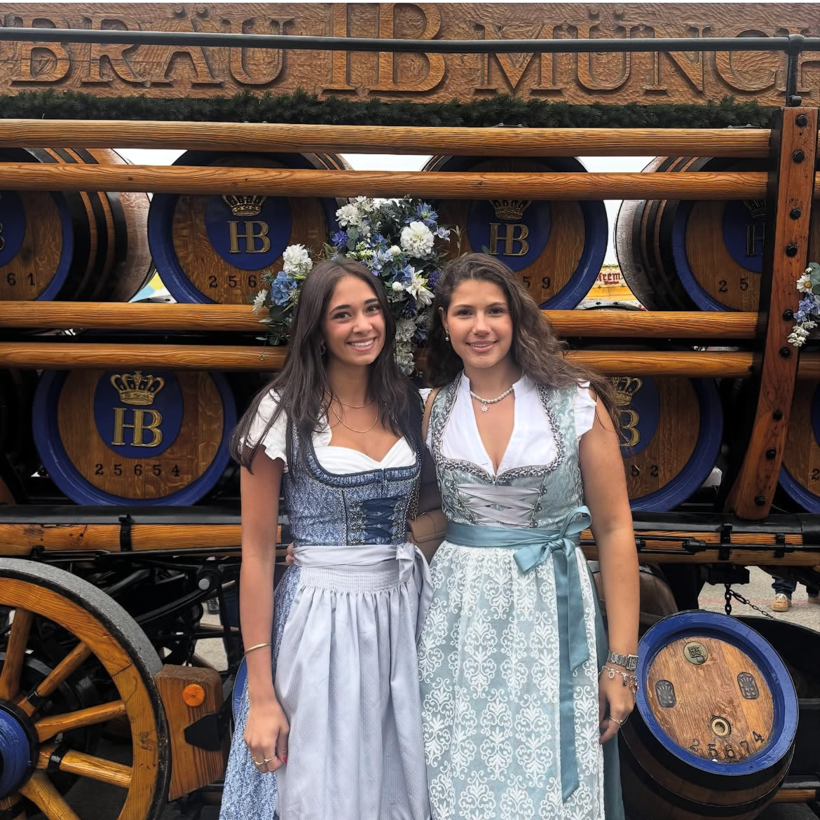 Girls wearing Dirndl infront of beer carriage. Dirndl rented on Versatile OTM for Oktoberfest wearing Krüger Dirndl Elegant Blue UGC