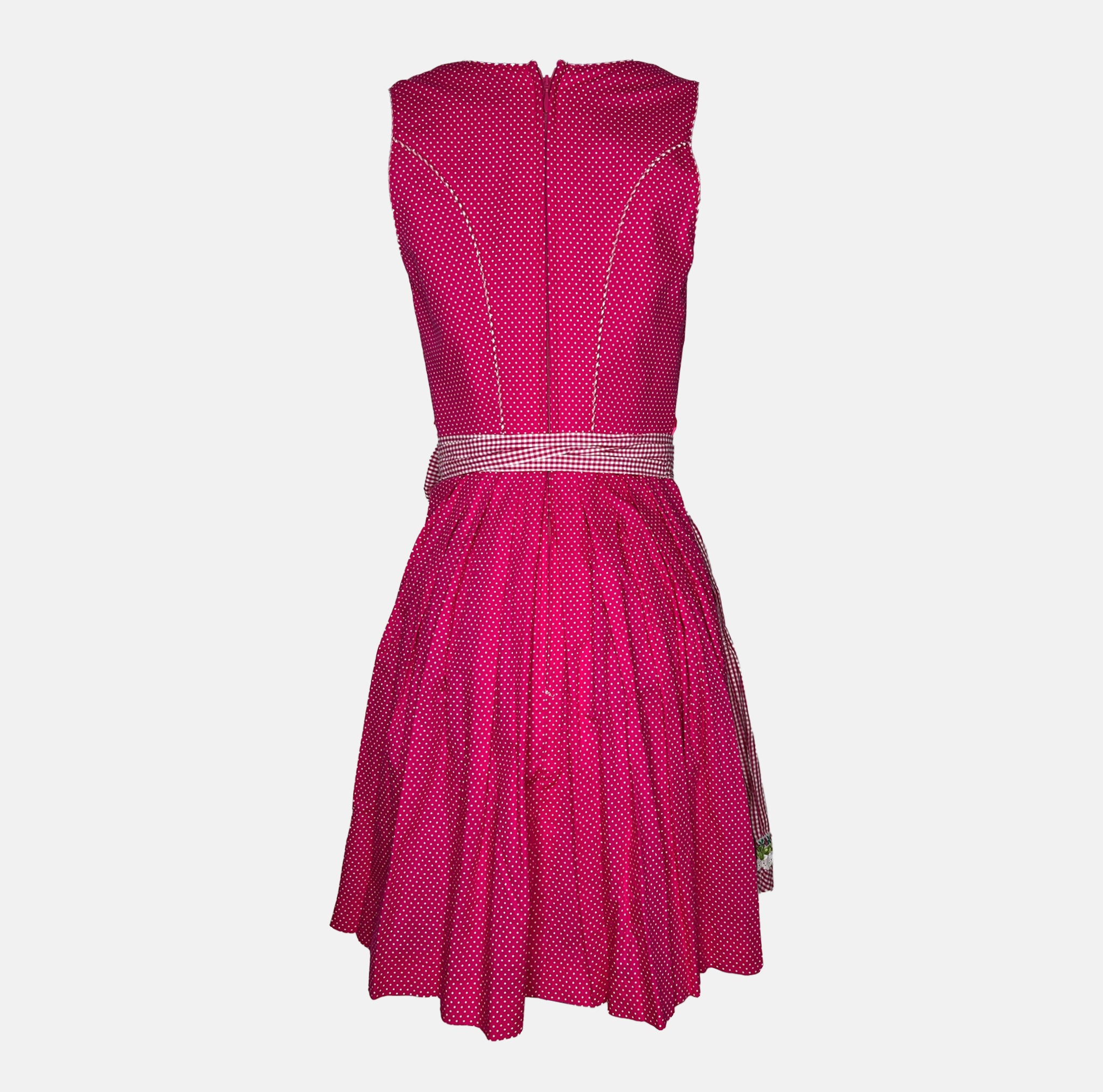 Rent Krüger dirndl dress, vibrant pink bodice, green floral embroidery, gingham apron, youthful rental dirndl for Oktoberfest