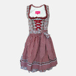 Krüger Siggi Dirndl rental via Versatile – floral blue bodice with red lacing, gingham apron, knee-length skirt; authentic Oktoberfest dress