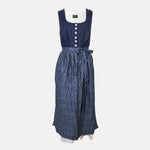 Traditional blue Ludwig & Therese Dirndl with buttoned bodice and patterned apron, available for rent at Versatile OTM.