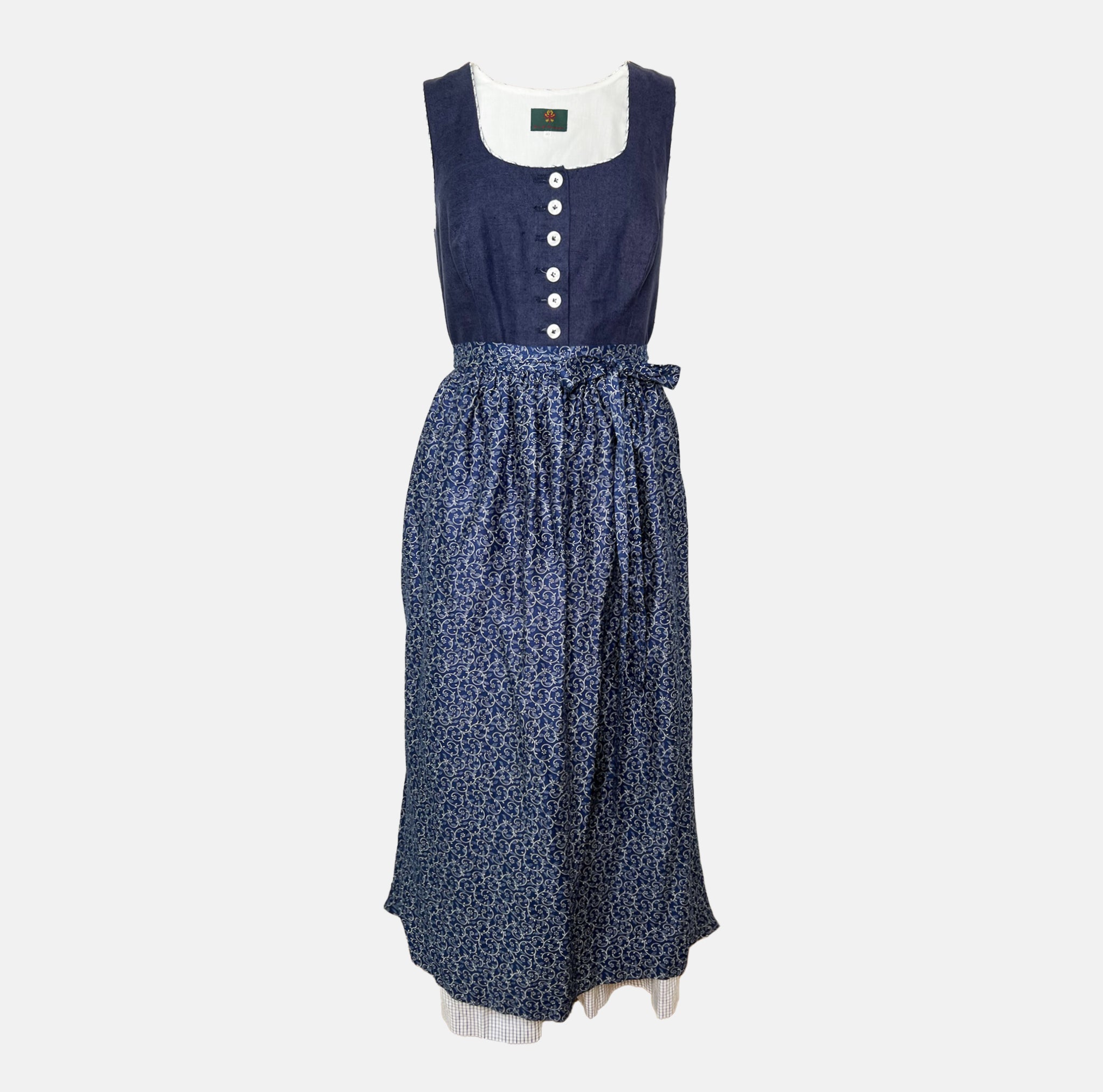Traditional blue Ludwig & Therese Dirndl with buttoned bodice and patterned apron, available for rent at Versatile OTM.