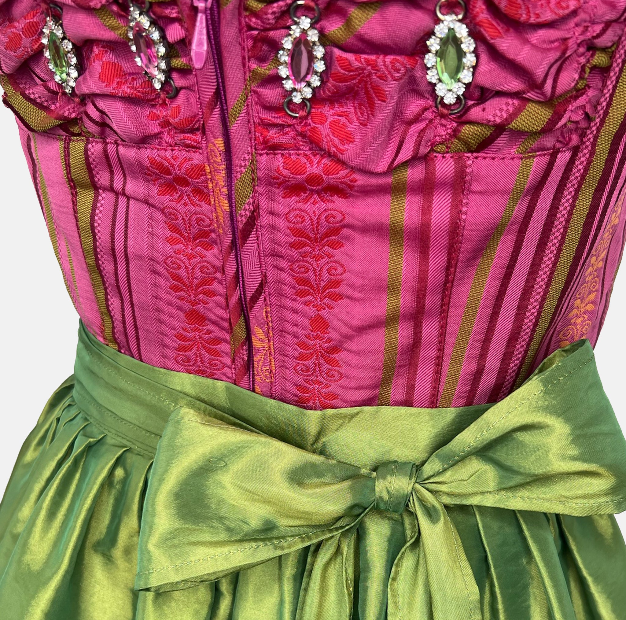 Berwin & Wolff Bavarian rental dirndl with pink striped bodice, jewel button accents, and green apron, available at Versatile OTM in Munich.
