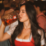 A woman in a red and white traditional outfit drinking from a large beer mug in a beer tent at Oktoberfest 