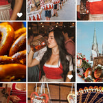 Photos featuring a woman in a traditional red and white dirndl, beer, pretzels, a street parade in a Bavarian outfit, a church spire, gingerbread cookies, and a Ferris wheel, at Oktoberfest