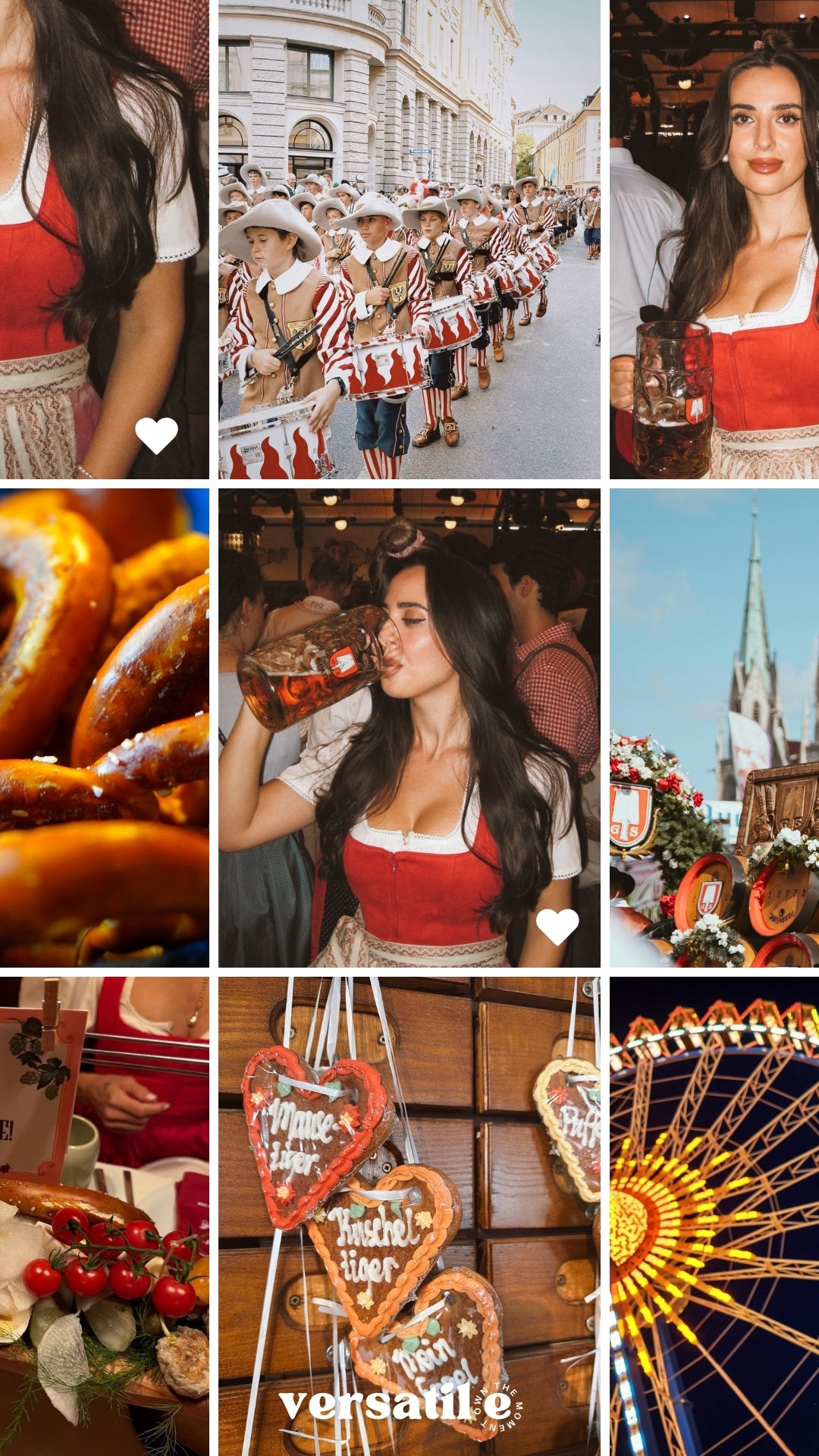 Photos featuring a woman in a traditional red and white dirndl, beer, pretzels, a street parade in a Bavarian outfit, a church spire, gingerbread cookies, and a Ferris wheel, at Oktoberfest