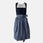 Traditional blue Ludwig & Therese dirndl with patterned bodice and light blue apron, available for rent at Versatile OTM.