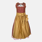 Ma.le.ma handmade dirndl rental via Versatile – red patterned jacquard bodice with gold skirt and satin bow apron, Munich Oktoberfest dirndl dress