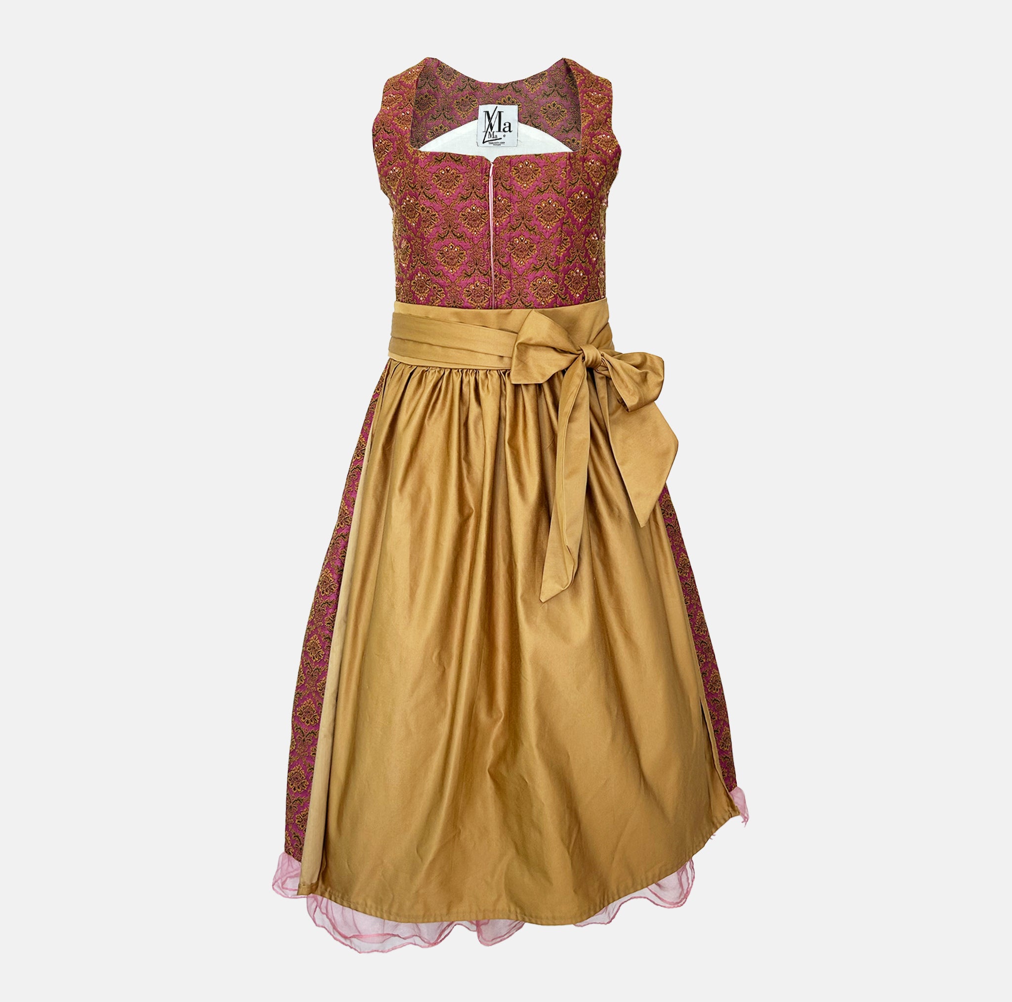 Ma.le.ma handmade dirndl rental via Versatile – red patterned jacquard bodice with gold skirt and satin bow apron, Munich Oktoberfest dirndl dress