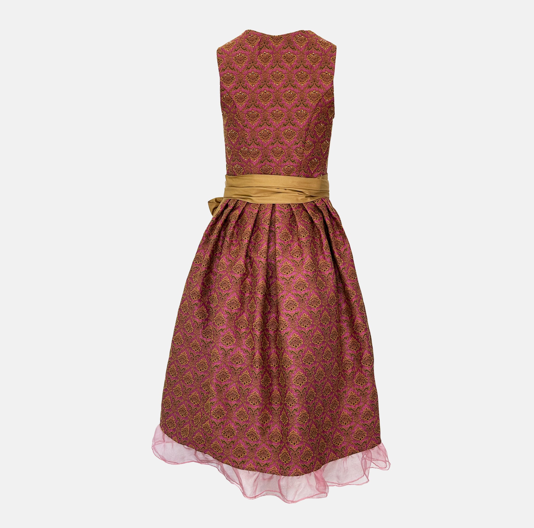 Rent Ma.le.ma golden dirndl dress – handmade in Munich with ornate red-pink bodice and satin apron; artisanal rental dirndl for Oktoberfest