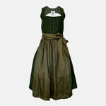 Ma.le.ma handmade dirndl rental via Versatile – forest-green bodice with button front, olive silk skirt and apron, authentic Munich Oktoberfest outfit