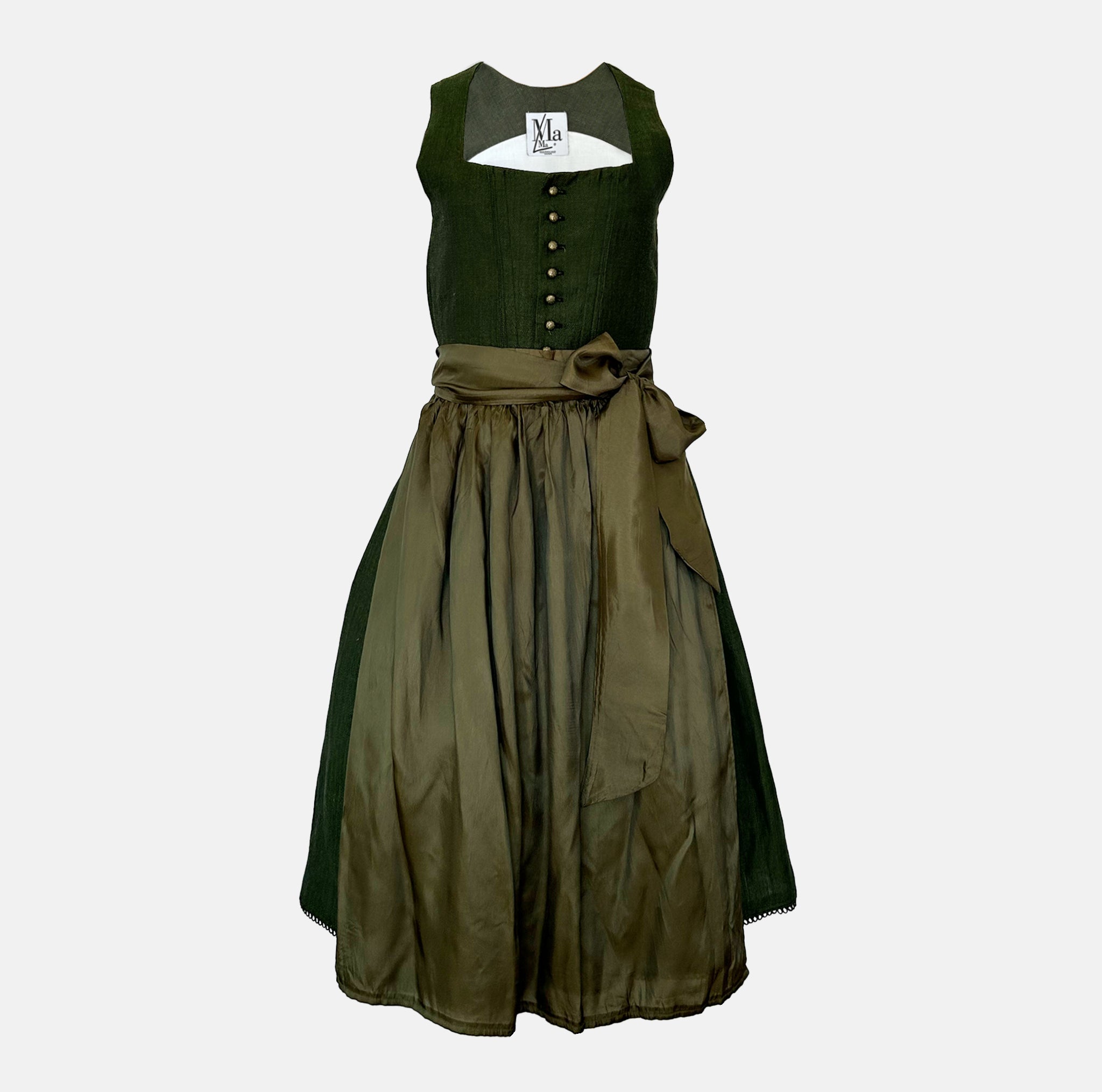Ma.le.ma handmade dirndl rental via Versatile – forest-green bodice with button front, olive silk skirt and apron, authentic Munich Oktoberfest outfit