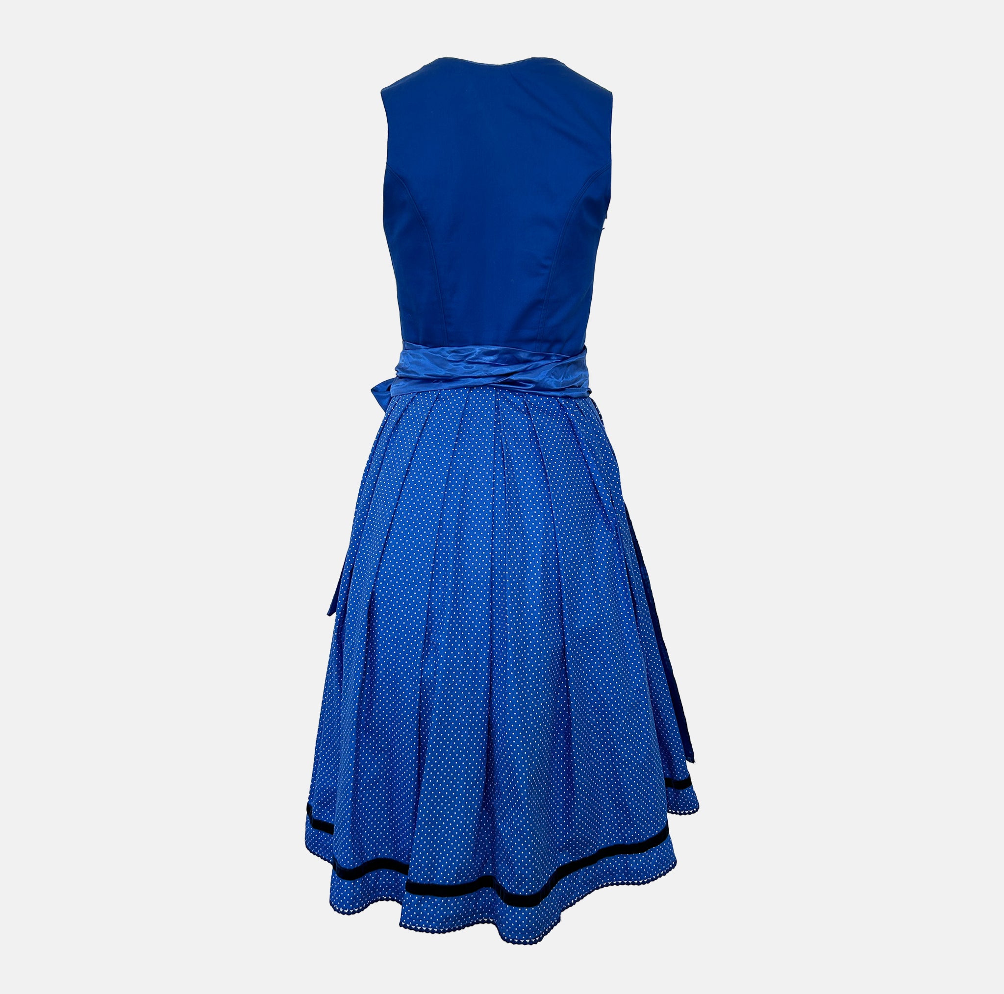 Versatile rental dirndl: Ma.le.ma royal blue dirndl handmade in Munich, elegant silk apron with bow and dotted underskirt detail
