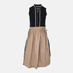 Marjo Bavarian rental dirndl with navy dotted button-front bodice and beige patterned apron, available at Versatile OTM in Munich.