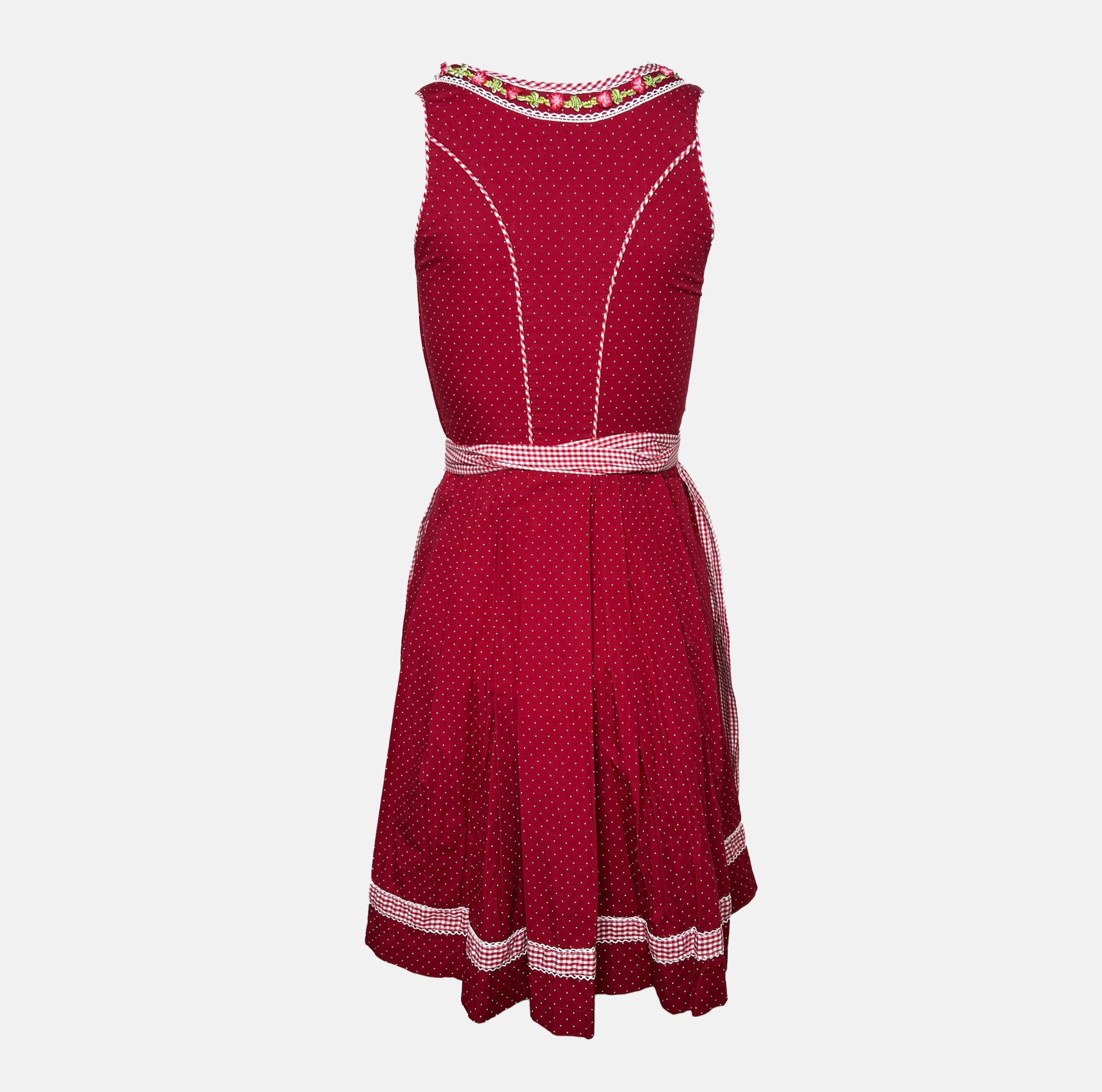 Red Marjo Dirndl with polka dot bodice, gingham skirt, and floral embroidery, available for rent on Versatile OTM.