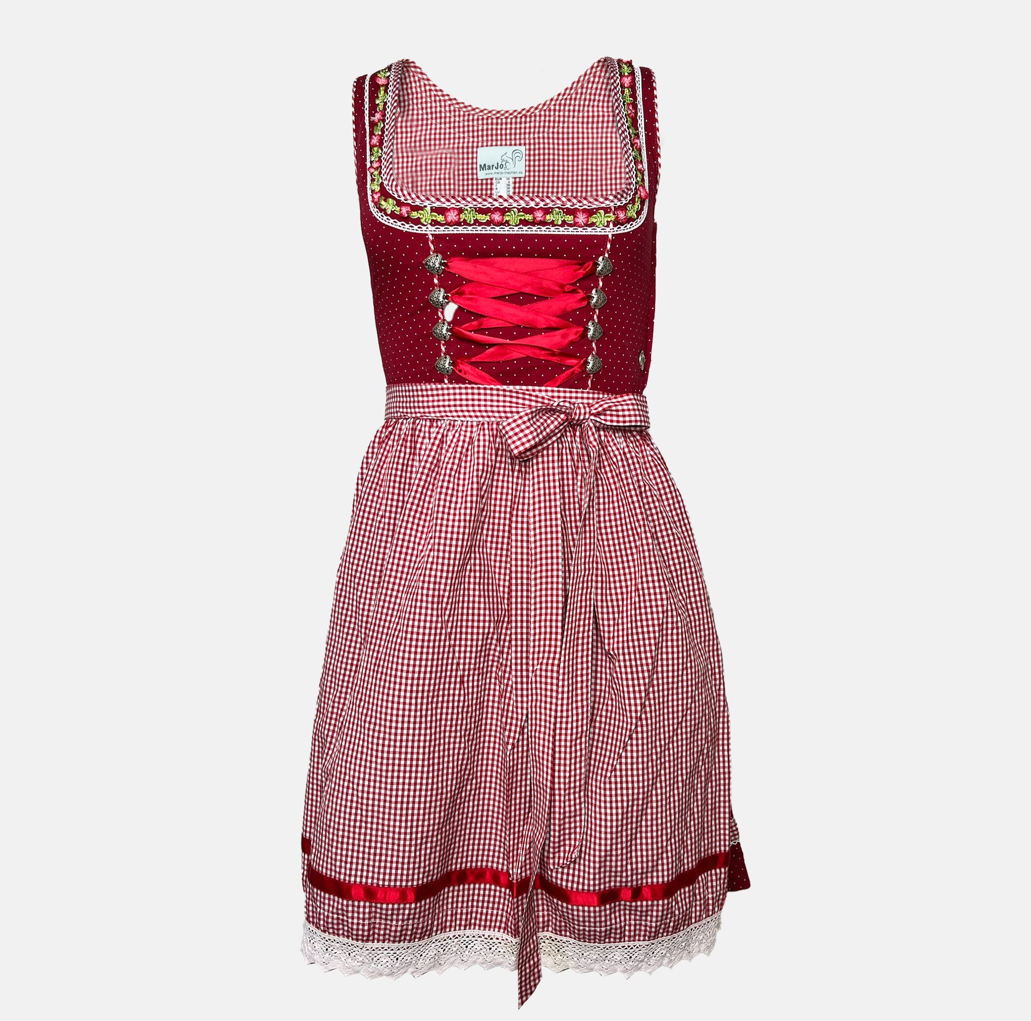 Red Marjo Dirndl with polka dot bodice, gingham skirt, and floral embroidery, available for rent on Versatile OTM.