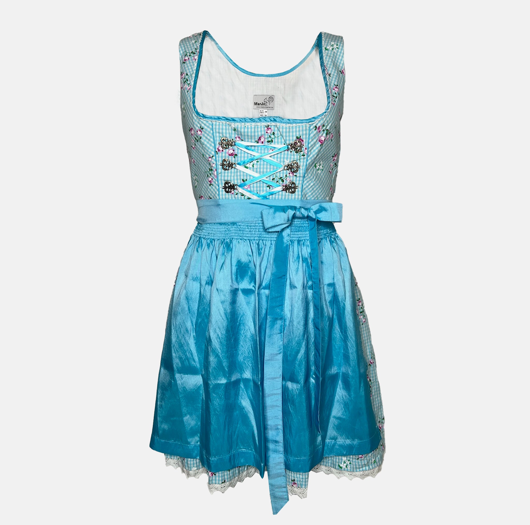 Marjo Bavarian rental dirndl in turquoise with floral embroidered bodice, lace-up detail, and satin apron, available at Versatile OTM in Munich.
