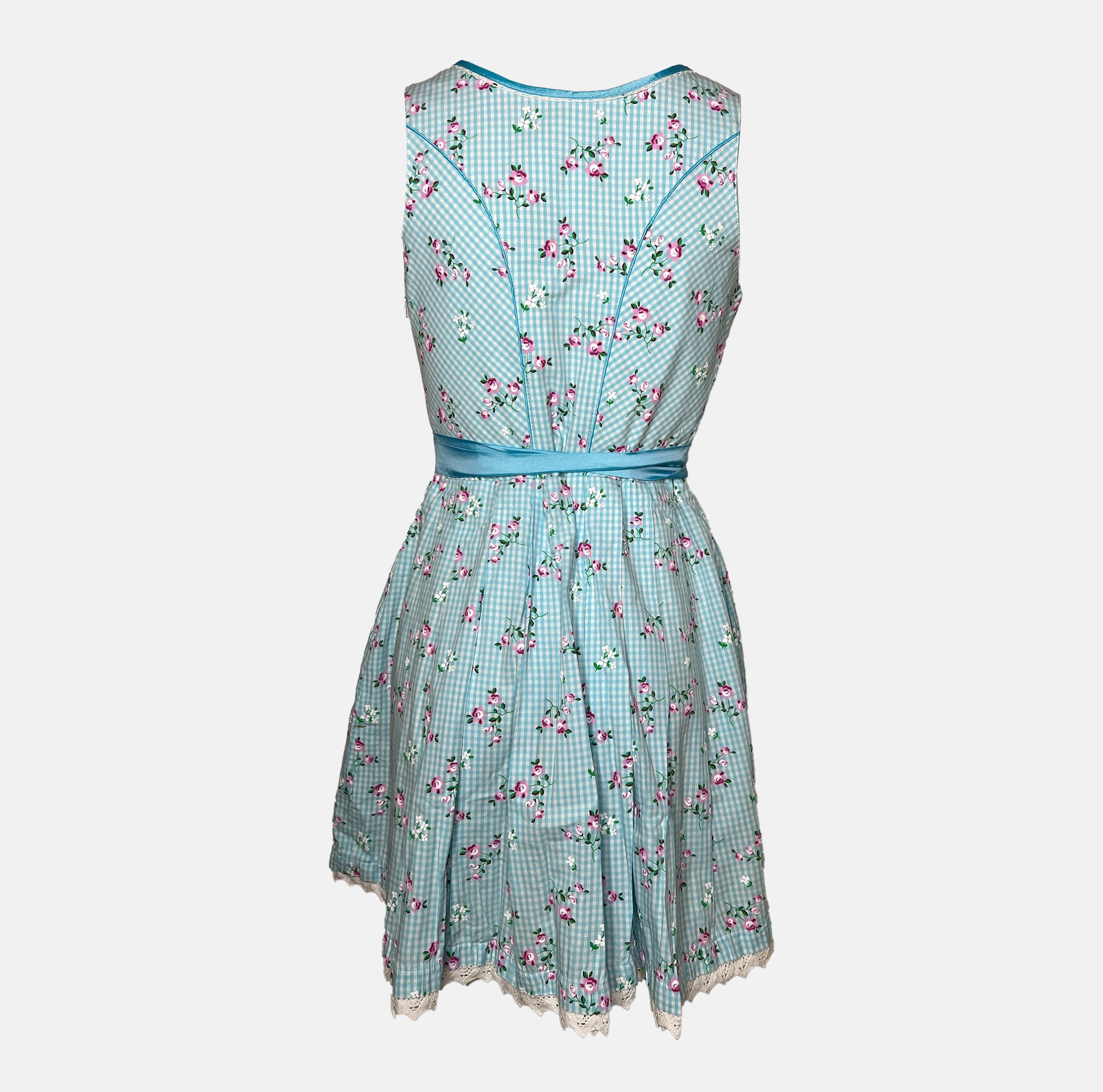 Marjo Bavarian rental dirndl in turquoise with floral embroidered bodice, lace-up detail, and satin apron, available at Versatile OTM in Munich.