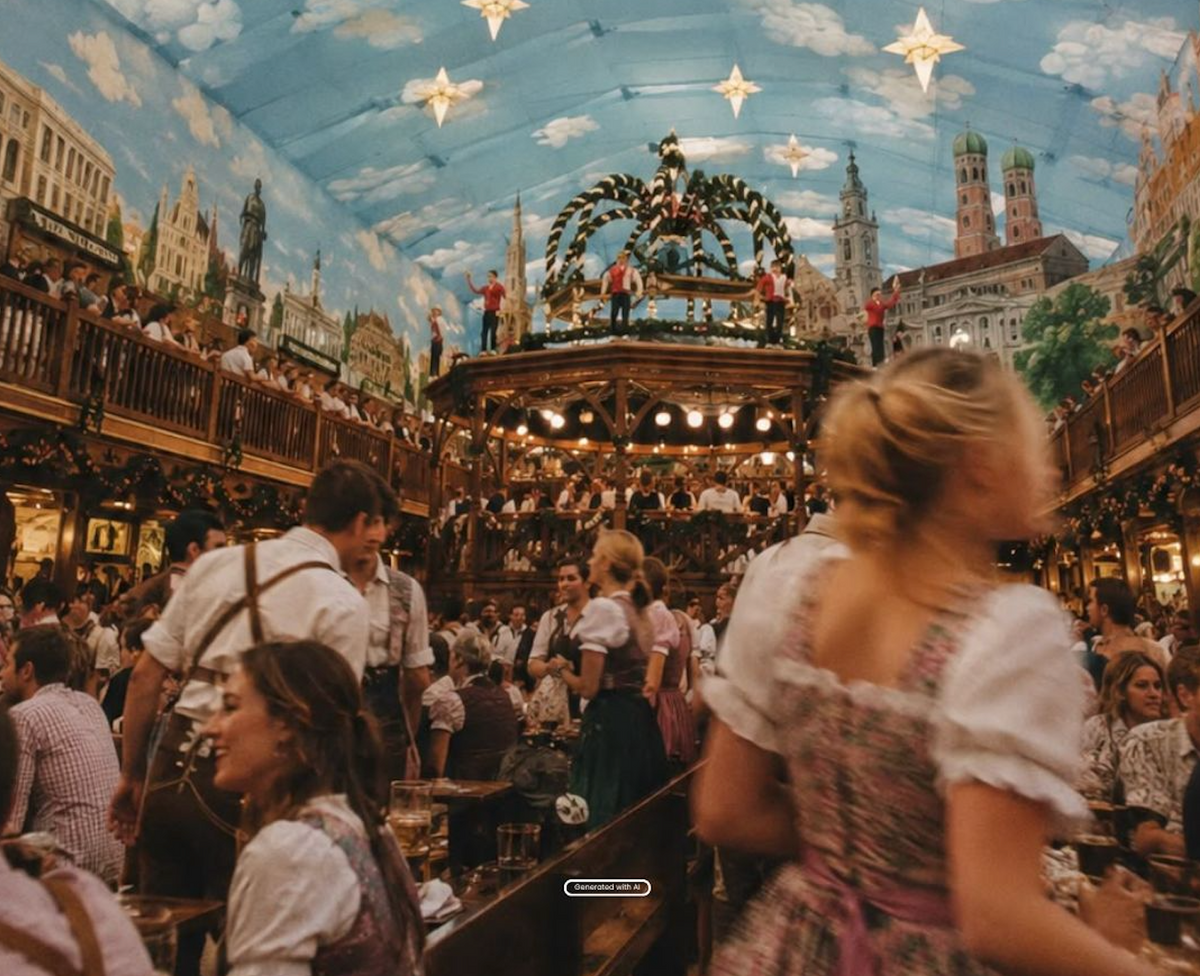 A crowded beer hall interior with many people seated at wooden tables under a painted ceiling depicting a sky with clouds and stars. A large decorated central table is visible in the background, and several people in traditional dirndl dresses are present.