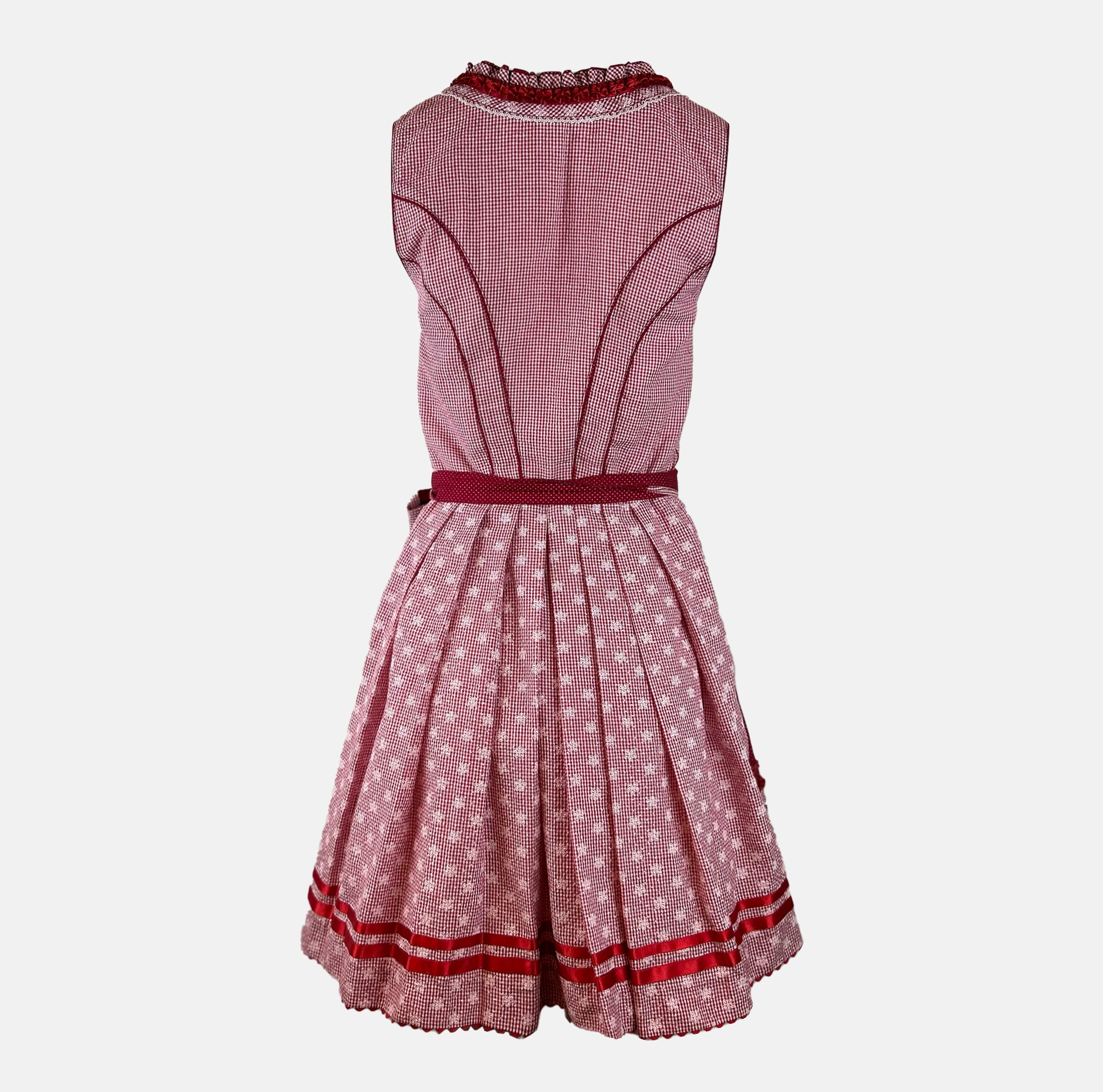 Red Krüger dirndl with checkered bodice and gingham apron for Oktoberfest rental