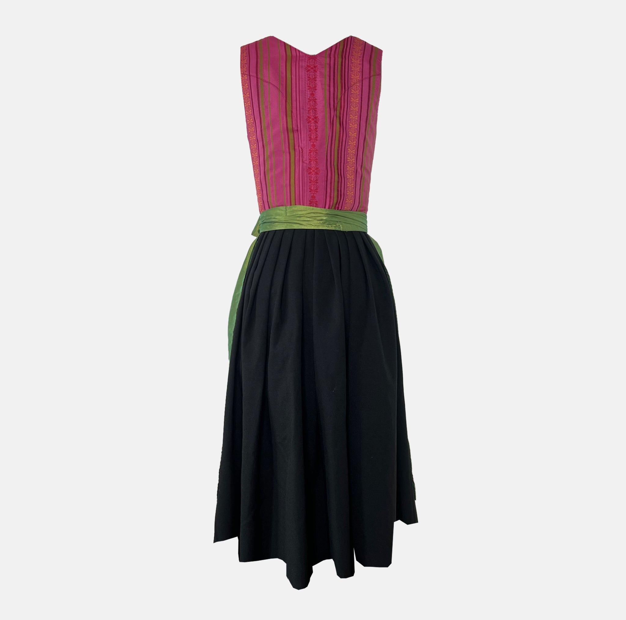 Berwin & Wolff Bavarian rental dirndl with pink striped bodice, jewel button accents, and green apron, available at Versatile OTM in Munich.