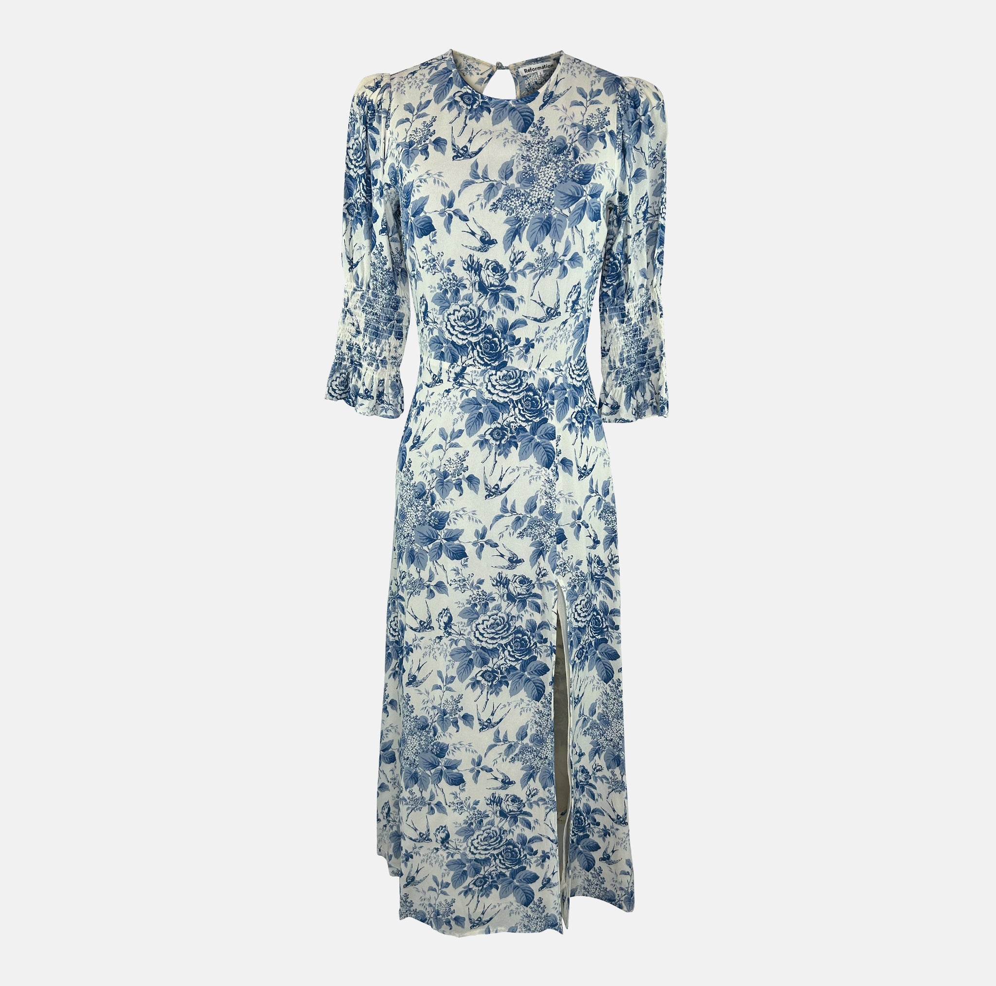 Reformation Carolena Floral-Print Crepe De Chine Midi Dress Wedding Guest Dress Rental 