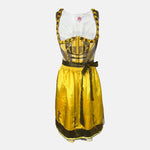 Yellow and brown cheeky dirndl with embroidered bodice and golden apron, available for rental at Versatile OTM, owned by Beer&Pretzel Tours.