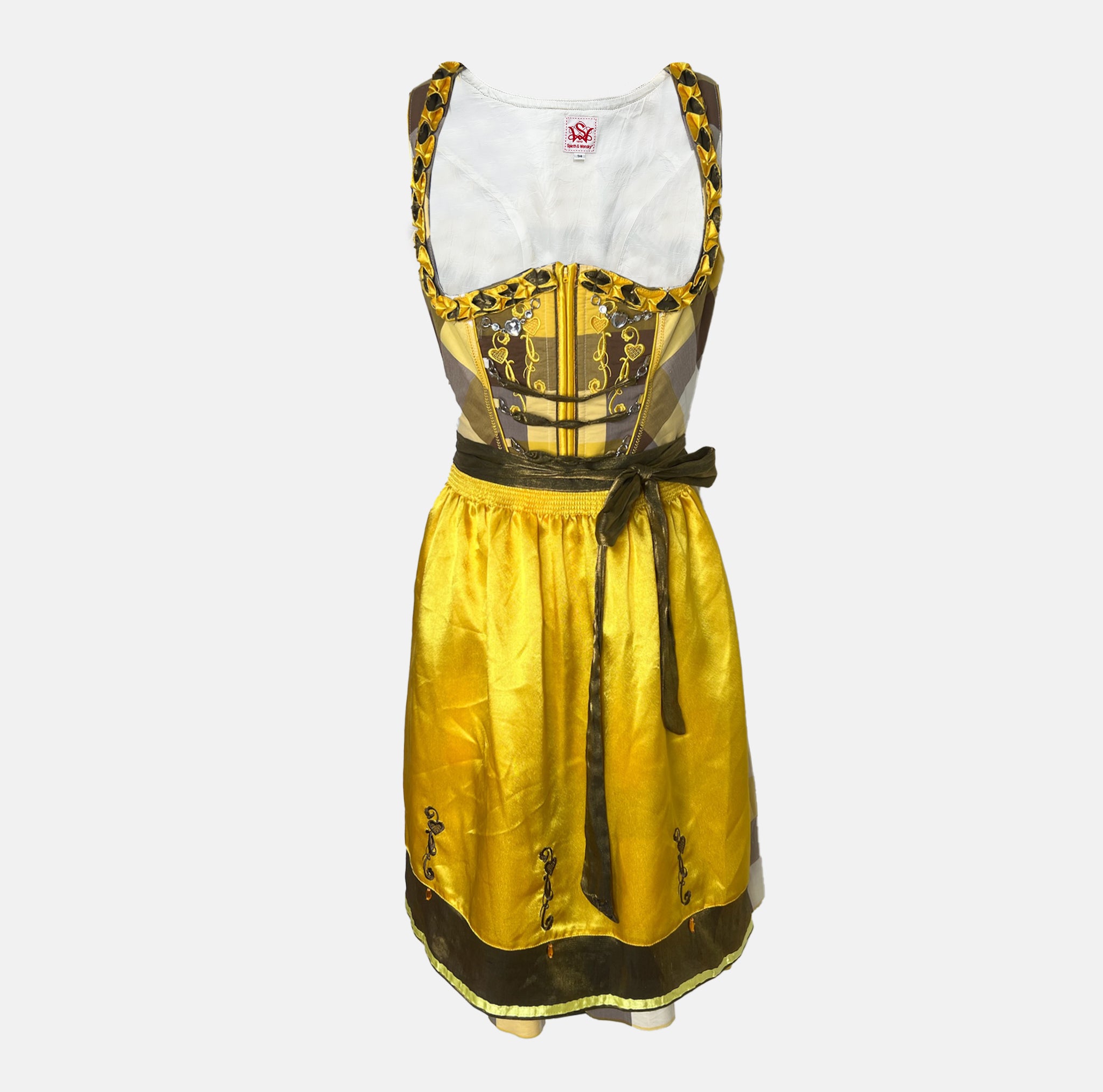 Yellow and brown cheeky dirndl with embroidered bodice and golden apron, available for rental at Versatile OTM, owned by Beer&Pretzel Tours.