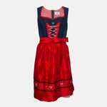 Cheeky red and navy dirndl with gingham bodice, lace-up detail, and red satin apron, available for rental at Versatile OTM, owned by Beer&Pretzel Tours