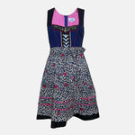 Cheeky dirndl with navy bodice, pink gingham trim, and leopard-print apron with floral accents, available for rental at Versatile OTM, owned by Beer&Pretzel Tours.