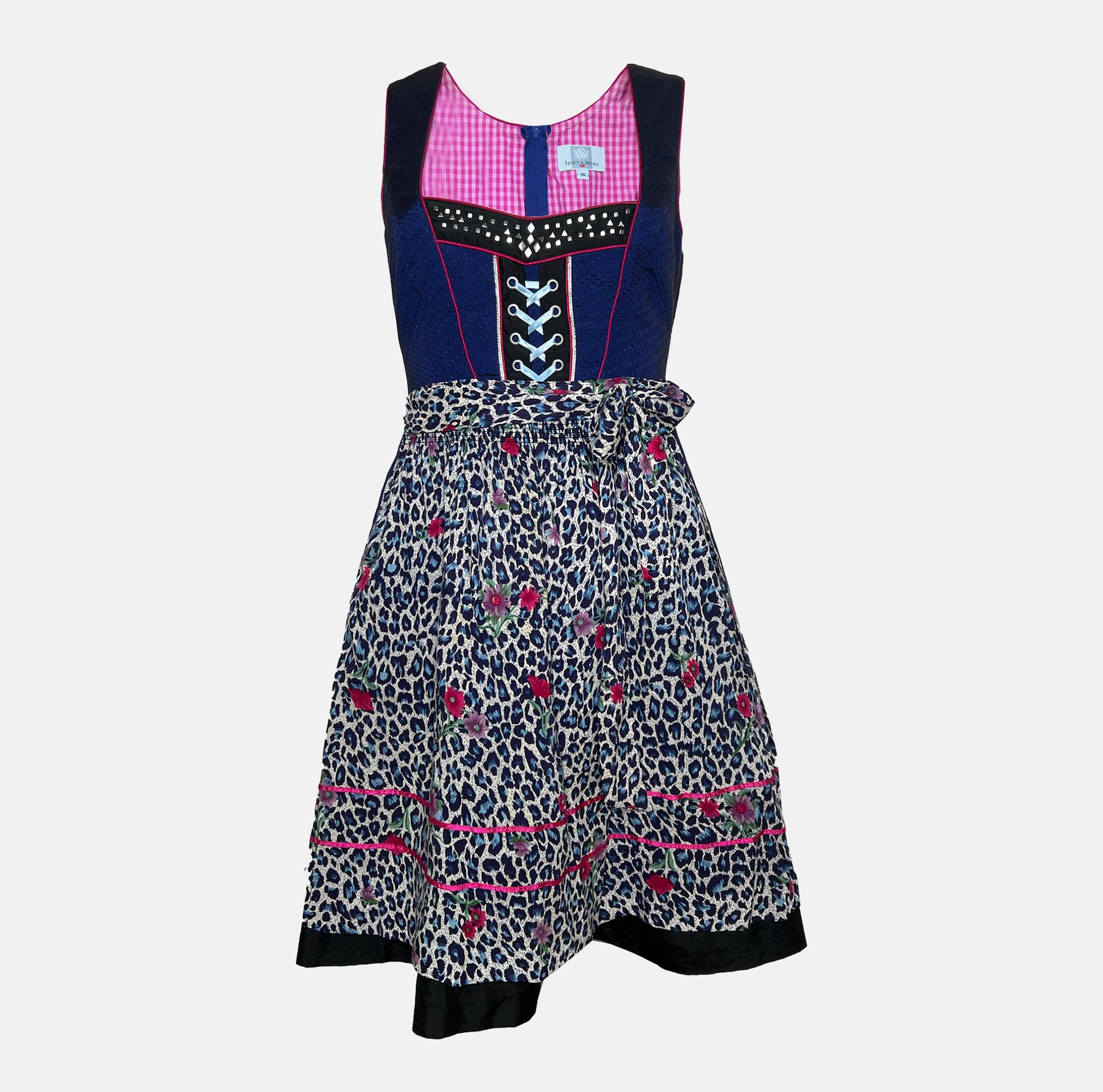 Cheeky dirndl with navy bodice, pink gingham trim, and leopard-print apron with floral accents, available for rental at Versatile OTM, owned by Beer&Pretzel Tours.