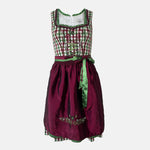 Rent a Bavarian dirndl dress in Munich with green checkered bodice and burgundy apron. Perfect Oktoberfest outfit rental at Versatile OTM.