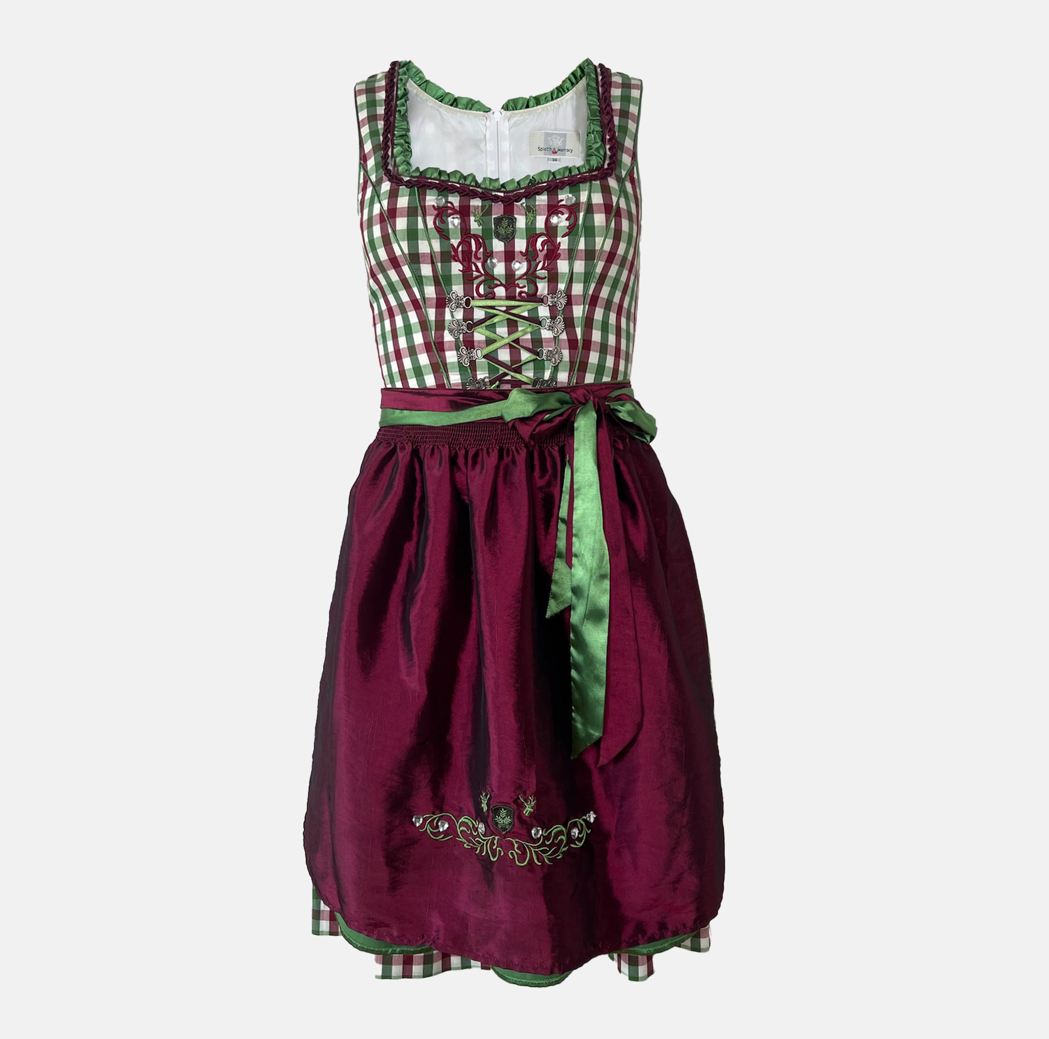 Rent a Bavarian dirndl dress in Munich with green checkered bodice and burgundy apron. Perfect Oktoberfest outfit rental at Versatile OTM.
