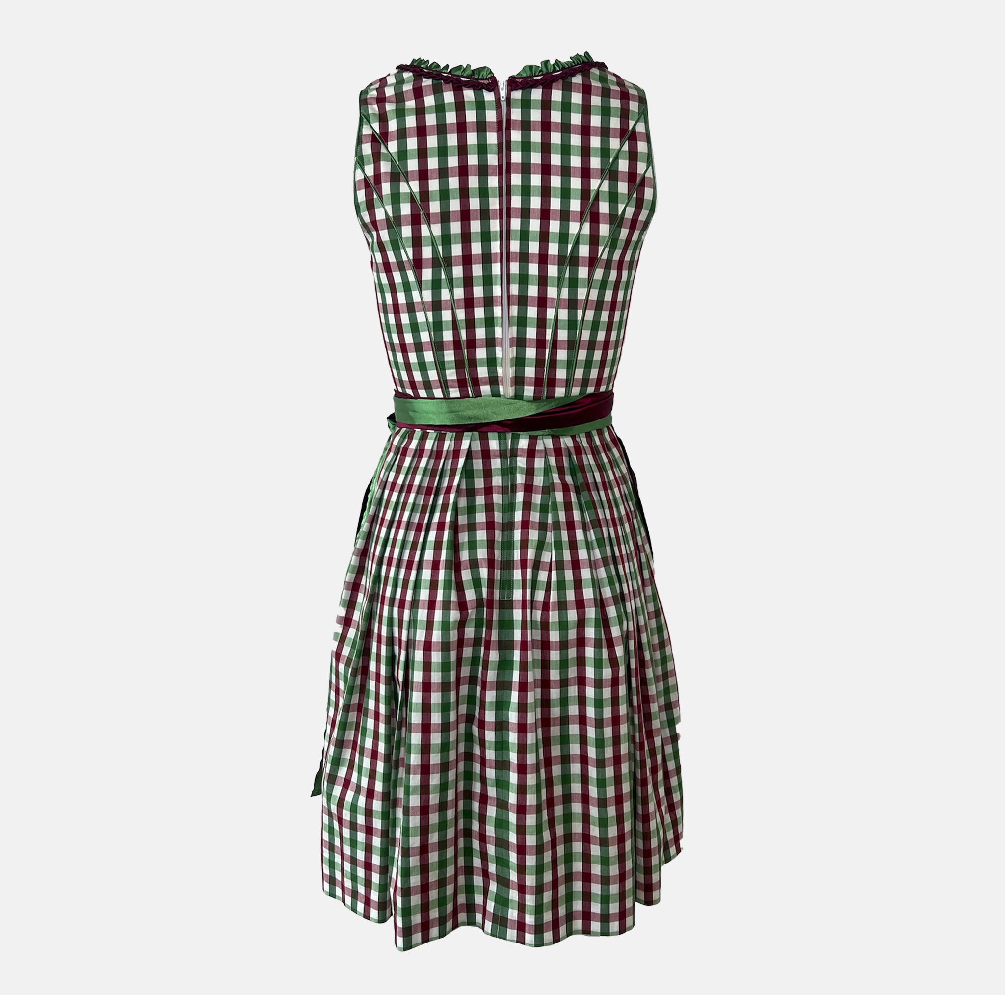 Rent a Bavarian dirndl dress in Munich with green checkered bodice and burgundy apron. Perfect Oktoberfest outfit rental at Versatile OTM.