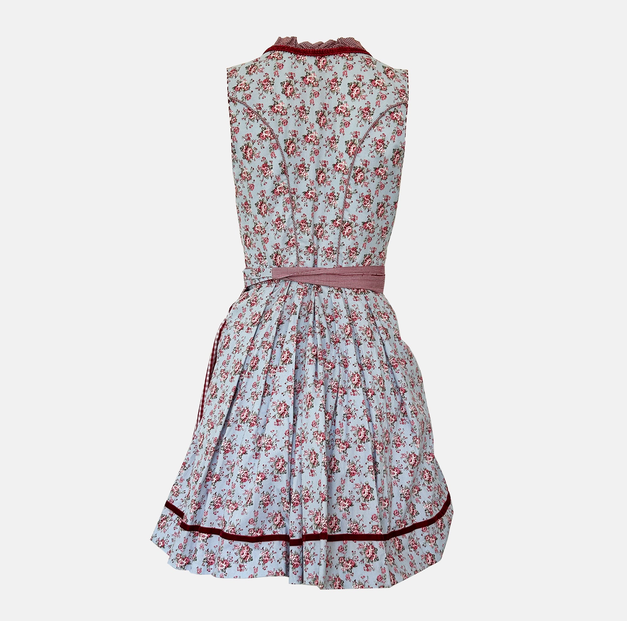 Versatile rental dirndl: Krüger Siggi floral dirndl with gingham apron and red lace-up bodice, authentic Bavarian Oktoberfest outfit