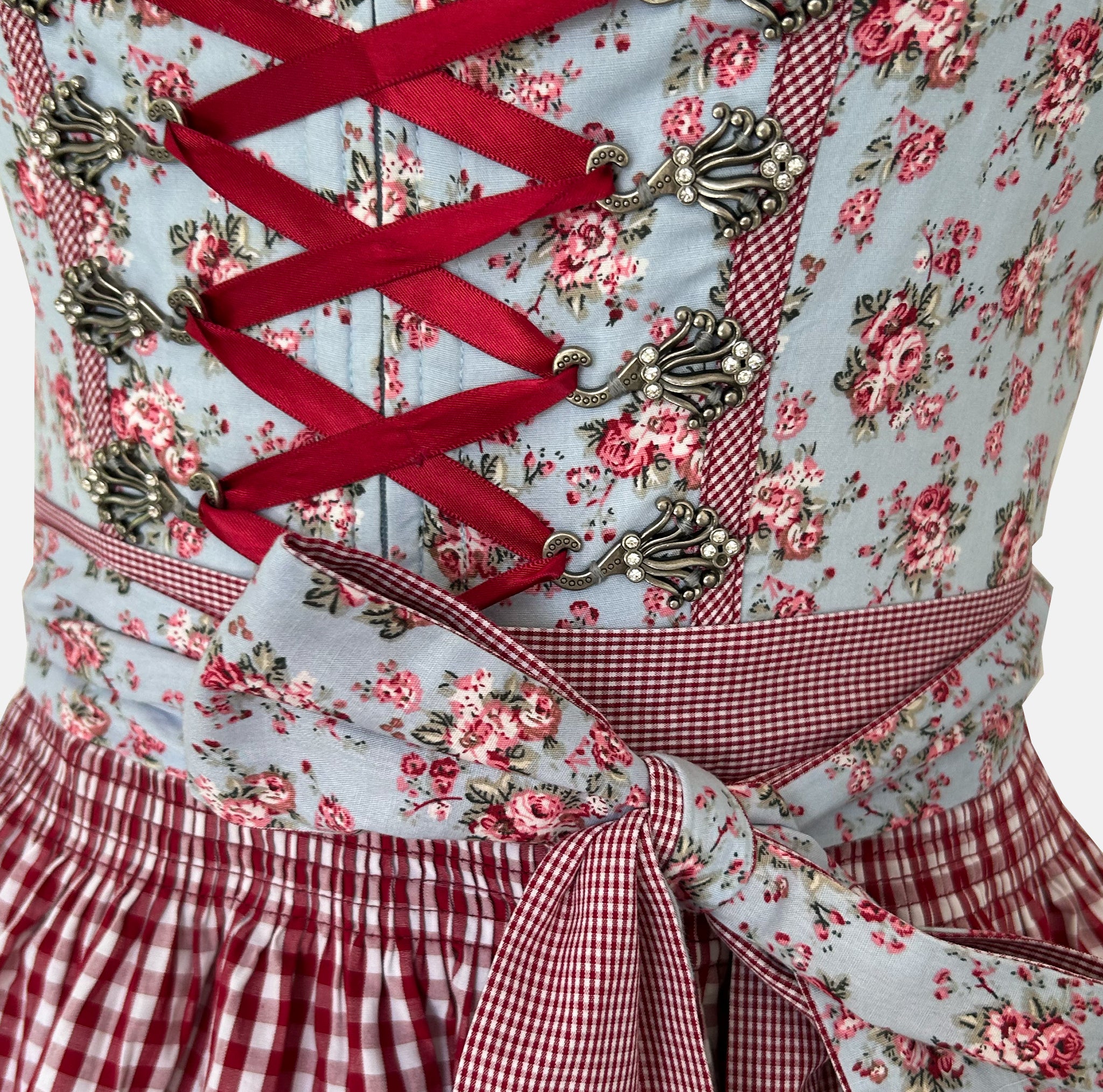 Rent Krüger Siggi Dirndl dress – floral bodice, red gingham apron, ruffled trim and playful skirt; Oktoberfest dirndl rental
