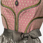 Sportalm Dirndl with rose pink bodice, olive green accents, and lace apron, available to rent on Versatile OTM.