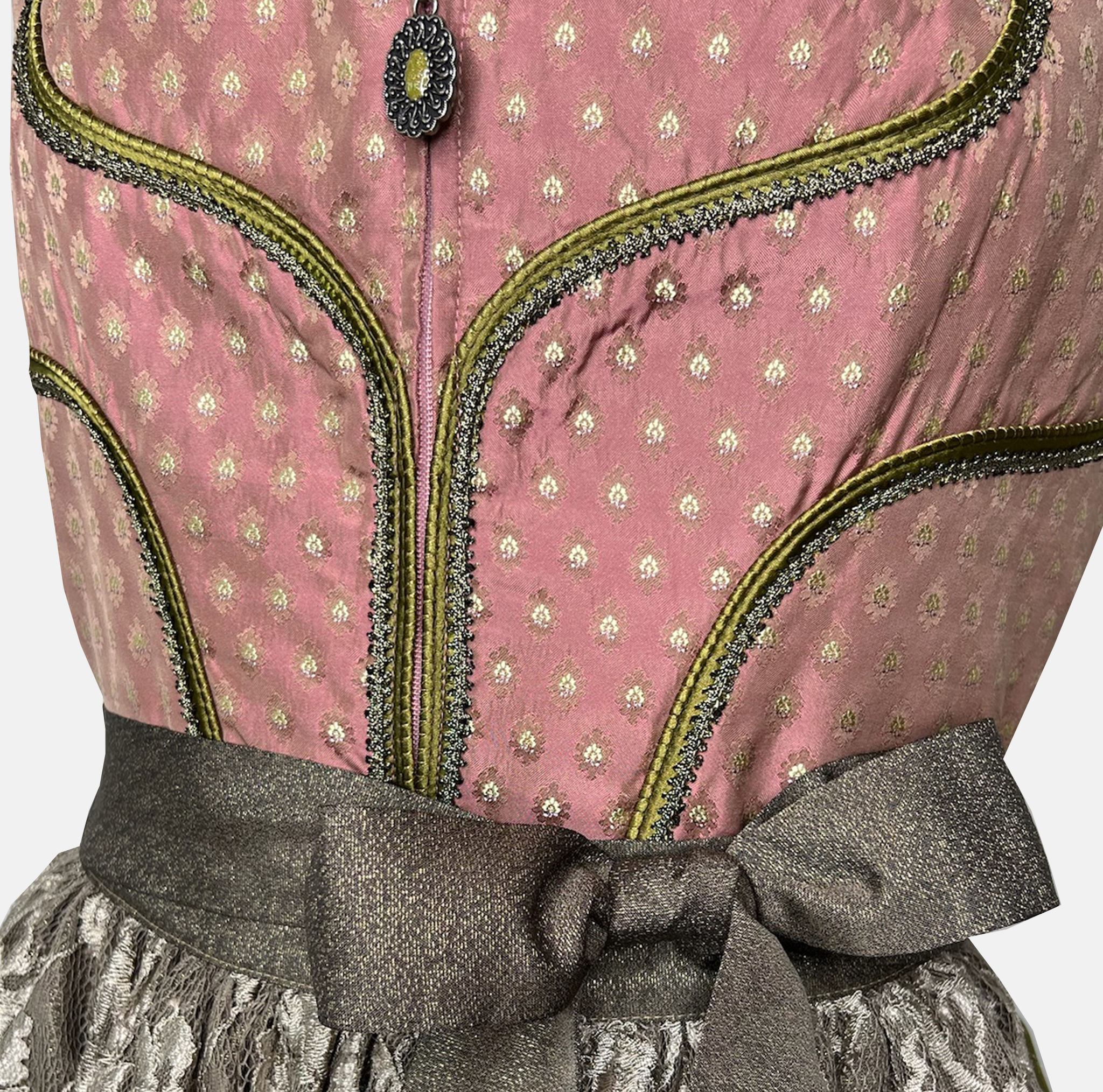 Sportalm Dirndl with rose pink bodice, olive green accents, and lace apron, available to rent on Versatile OTM.