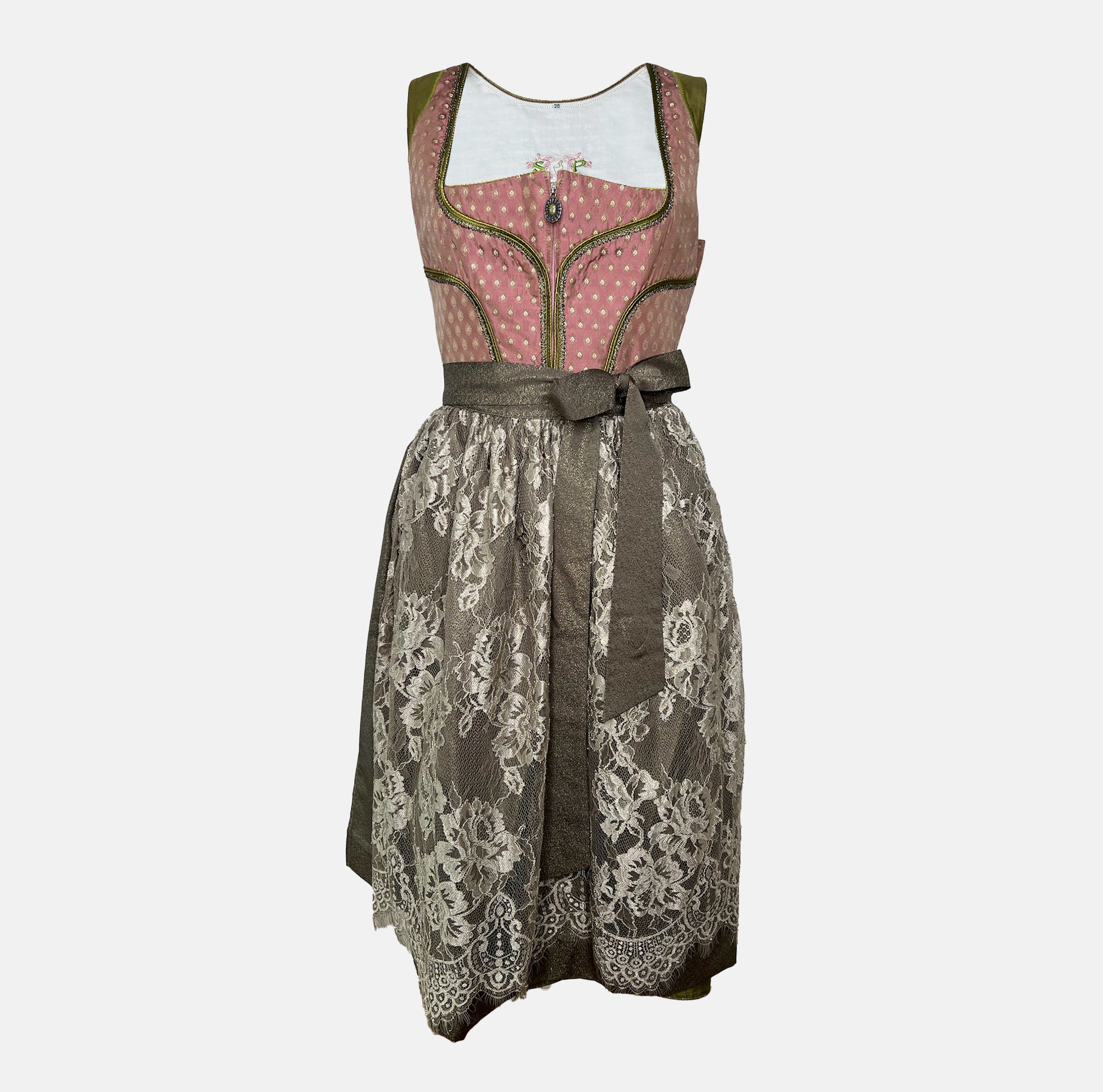 Sportalm Dirndl with rose pink bodice, olive green accents, and lace apron, available to rent on Versatile OTM.