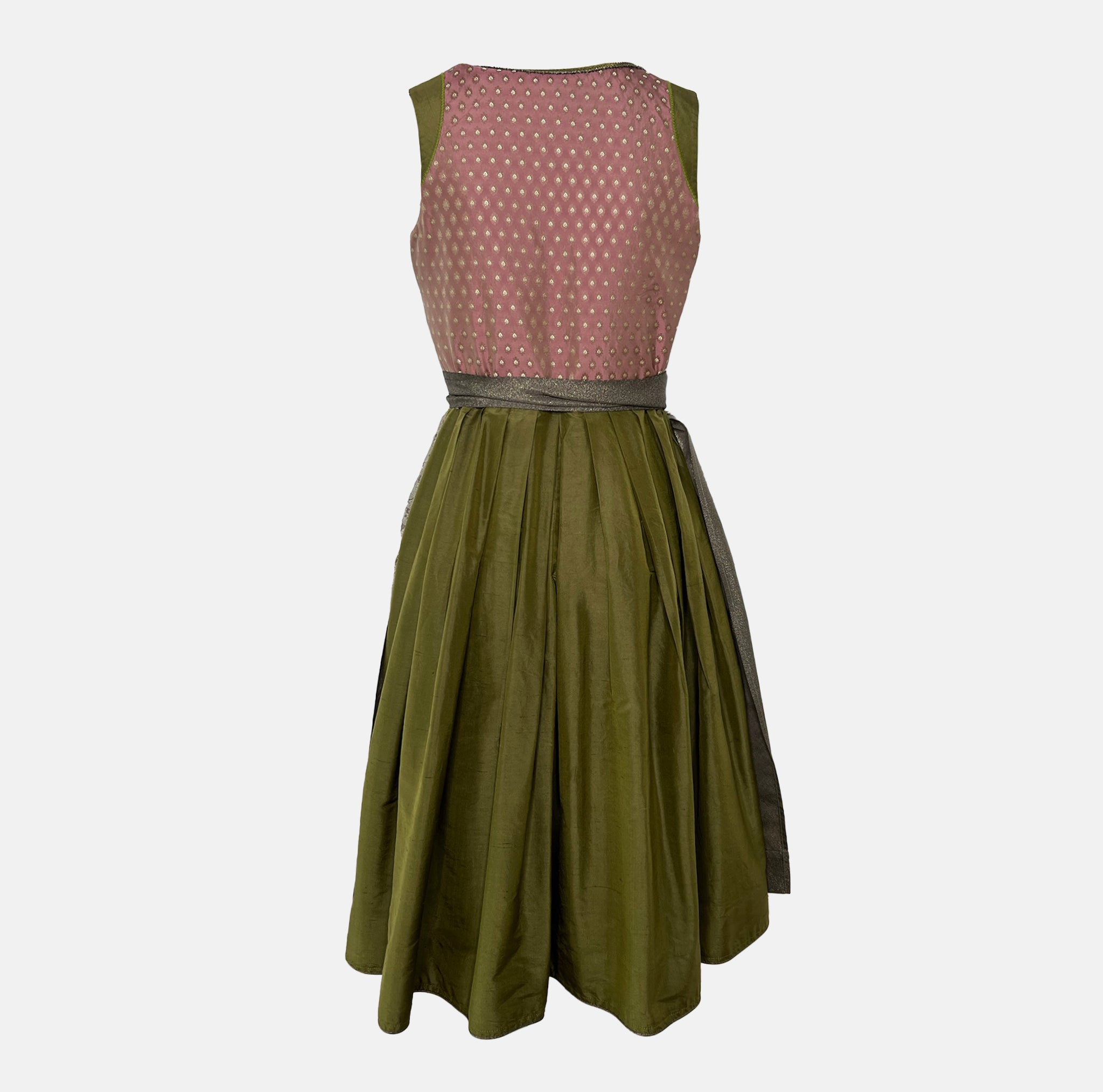 Sportalm Dirndl with rose pink bodice, olive green accents, and lace apron, available to rent on Versatile OTM.