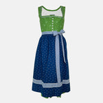 Handmade Trachten Redl dirndl from Munich with green bodice, blue patterned skirt, and matching gingham apron – available for rent at Versatile OTM.