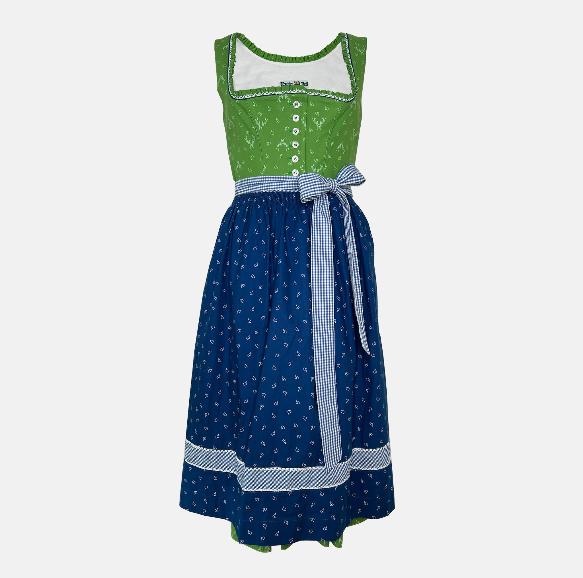 Handmade Trachten Redl dirndl from Munich with green bodice, blue patterned skirt, and matching gingham apron – available for rent at Versatile OTM.