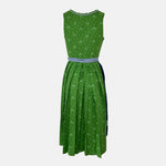 Handmade Trachten Redl dirndl from Munich with green bodice, blue patterned skirt, and matching gingham apron – available for rent at Versatile OTM.