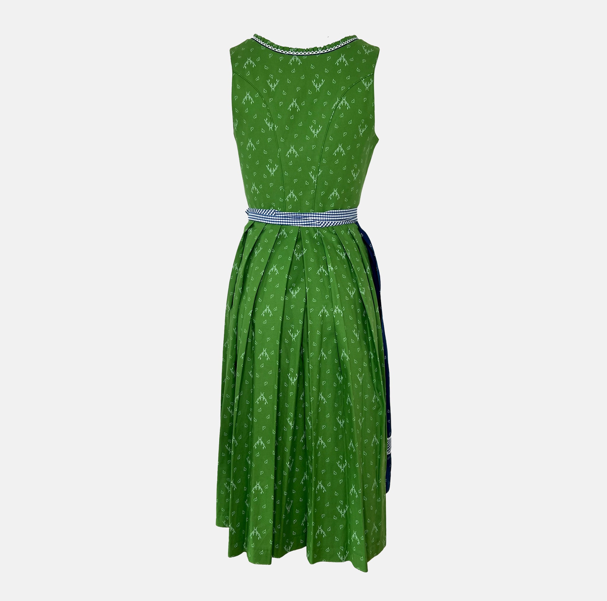 Handmade Trachten Redl dirndl from Munich with green bodice, blue patterned skirt, and matching gingham apron – available for rent at Versatile OTM.